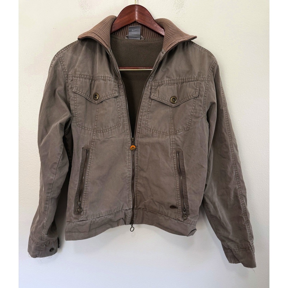 Vintage Nike Y2K Utility Jacket Men's Small Taupe Brown Fleece Lined Full Zip